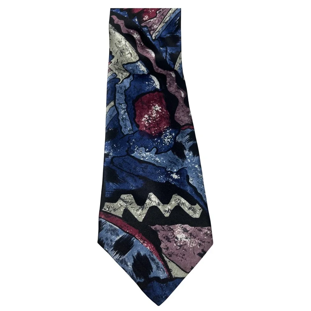 Abstract‎ Painterly Geometric Silk Handmade Italian Tie Blue Burgundy OS
